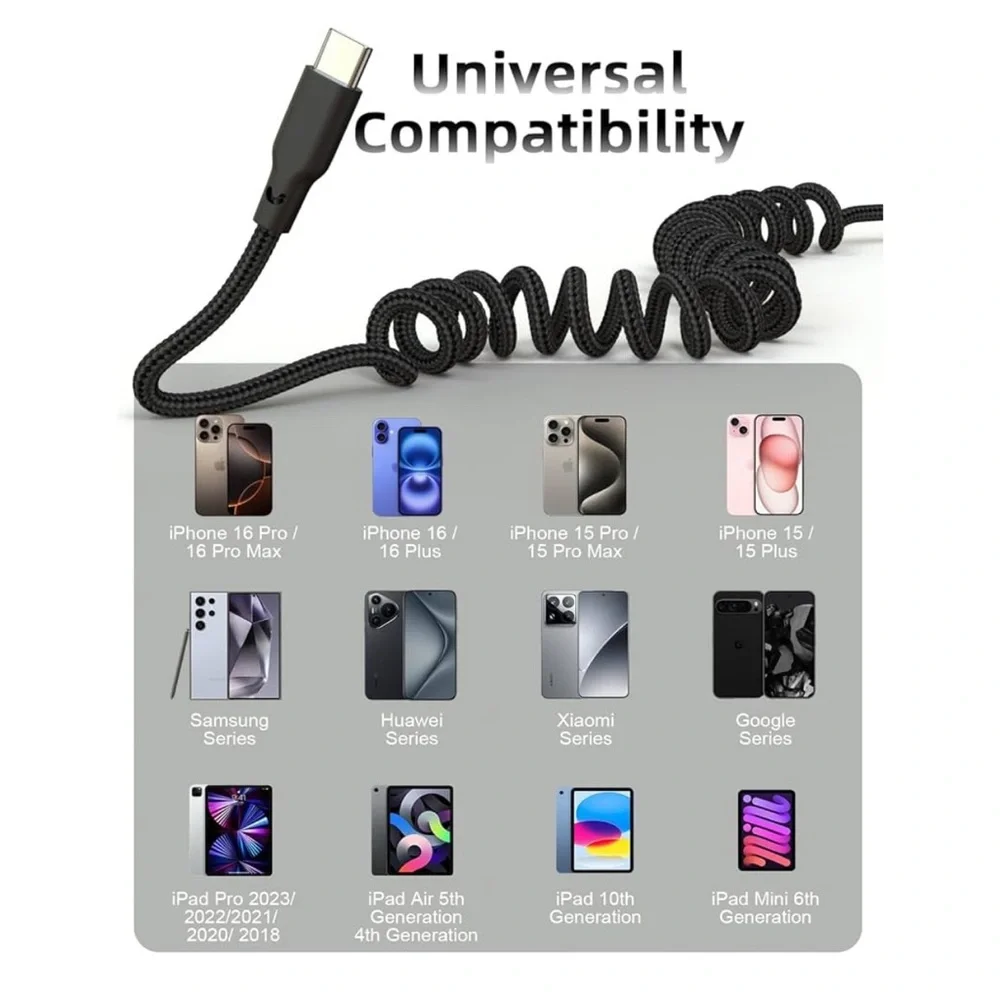 Car Carplay Cable 2Pack 3Ft Coiled Usb A To Usb C Fast Charge Cord